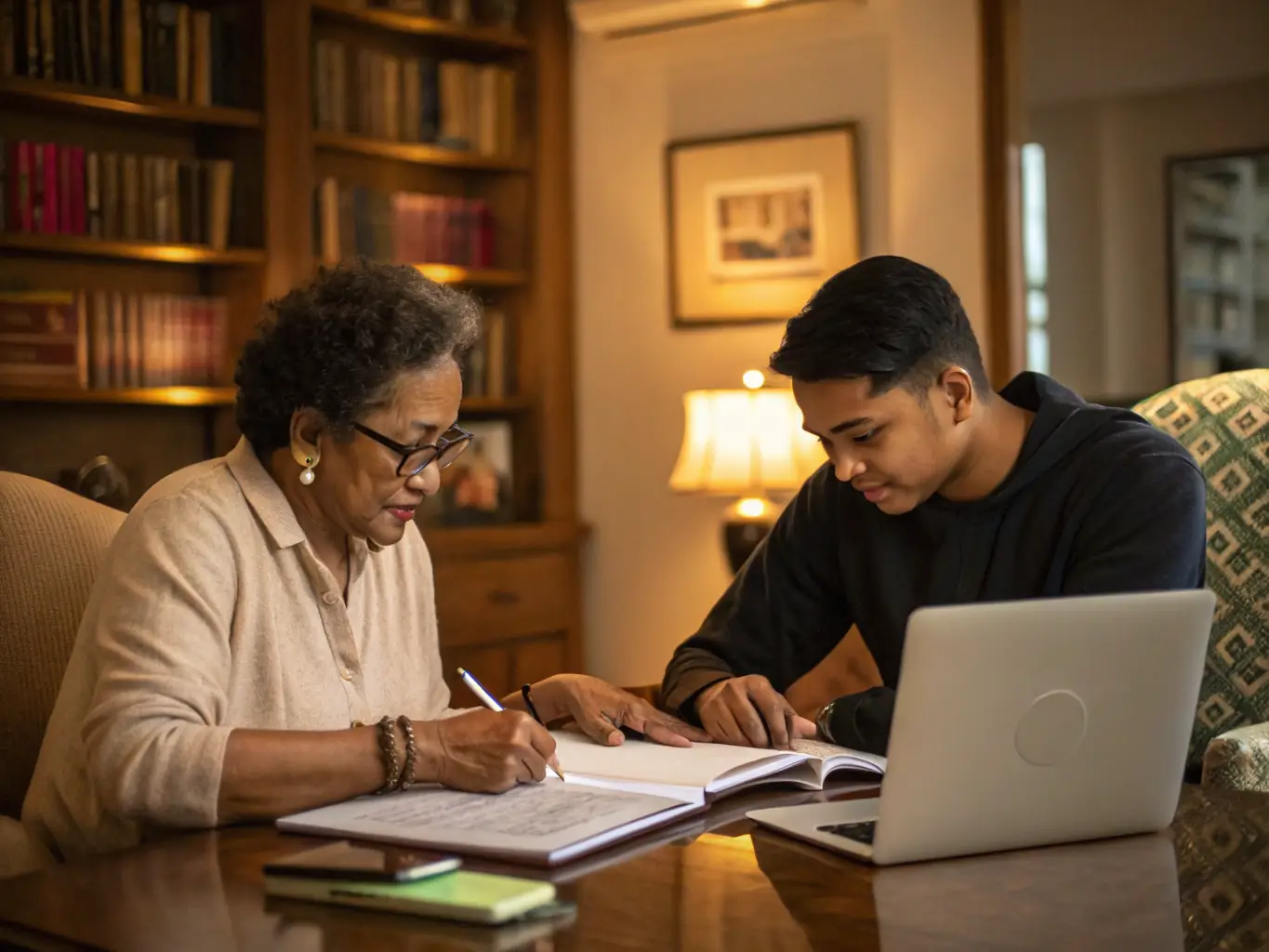 A mentor and mentee engaged in a discussion, sharing insights and experiences in a relaxed and informal setting. The image conveys trust and mutual respect.