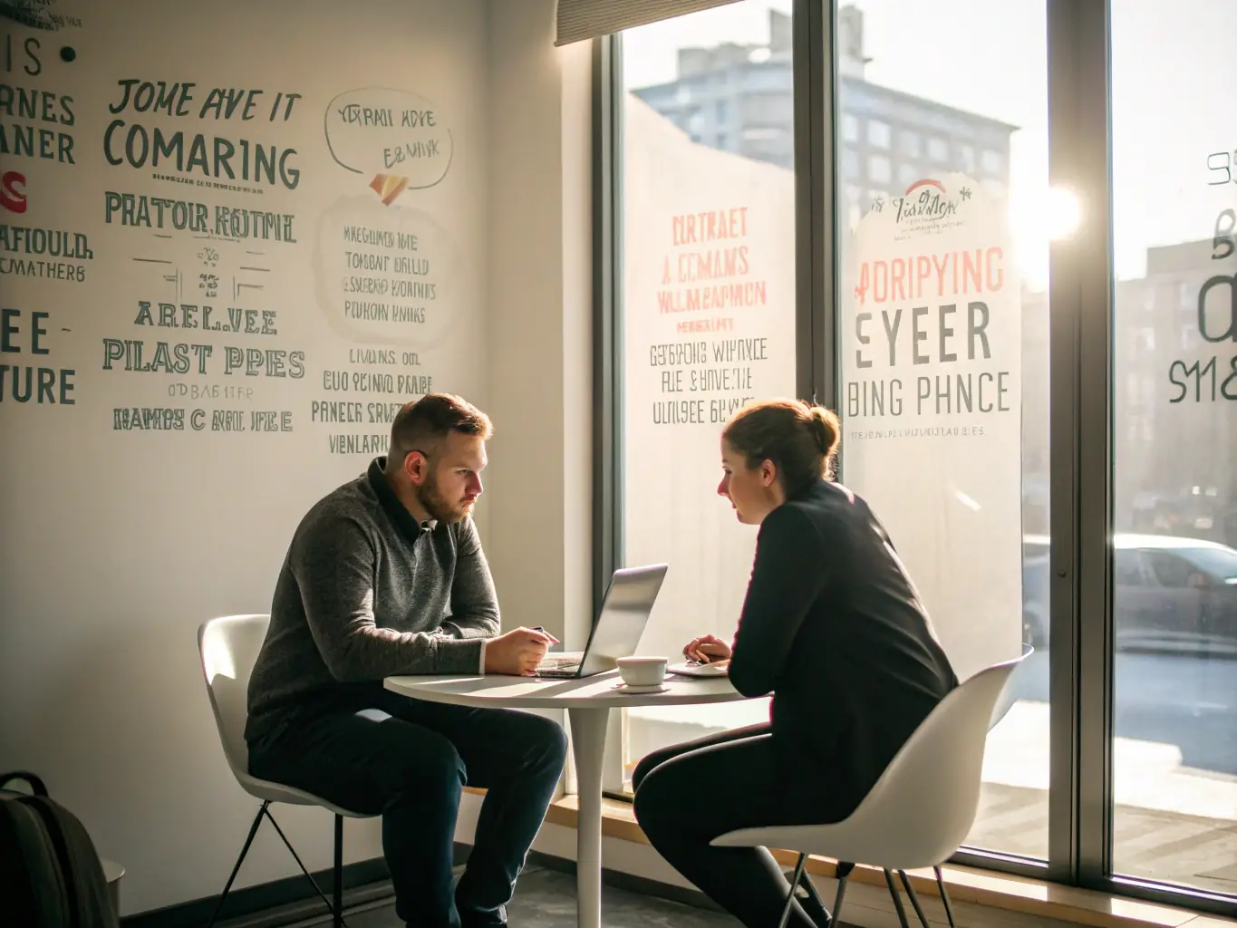 A life coach engaging with a client in a supportive and encouraging environment, discussing goals and strategies for personal development. The scene is set in a bright, modern office space.